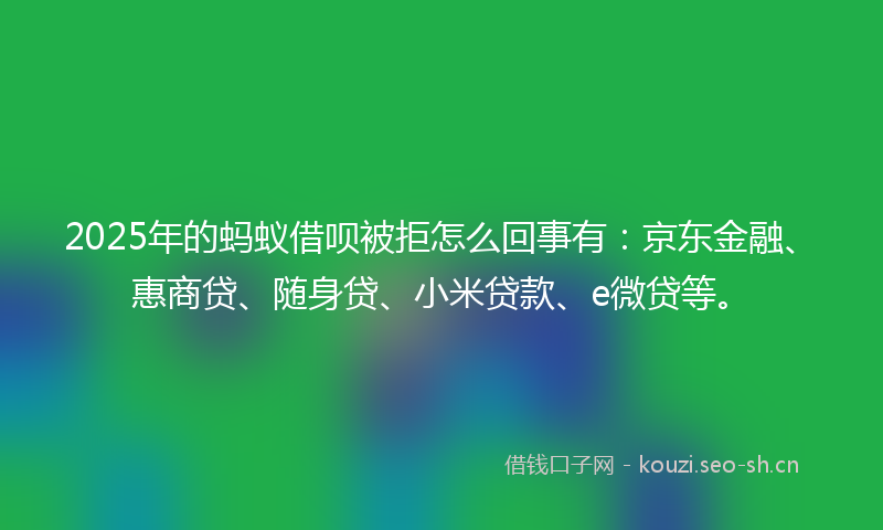 2025年的蚂蚁借呗被拒怎么回事有：京东金融、惠商贷、随身贷、小米贷款、e微贷等。