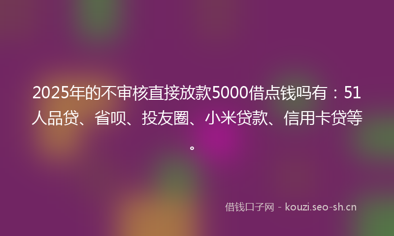 2025年的不审核直接放款5000借点钱吗有：51人品贷、省呗、投友圈、小米贷款、信用卡贷等。