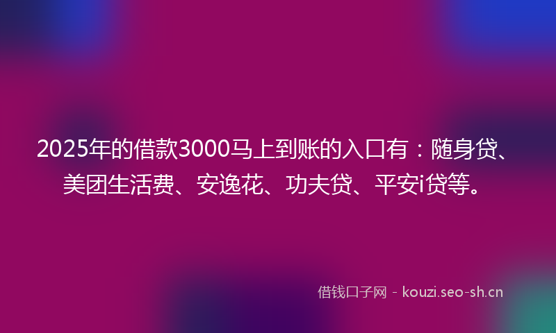 2025年的借款3000马上到账的入口有：随身贷、美团生活费、安逸花、功夫贷、平安i贷等。