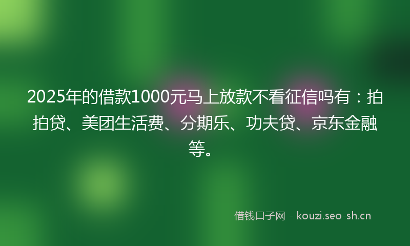 2025年的借款1000元马上放款不看征信吗有：拍拍贷、美团生活费、分期乐、功夫贷、京东金融等。