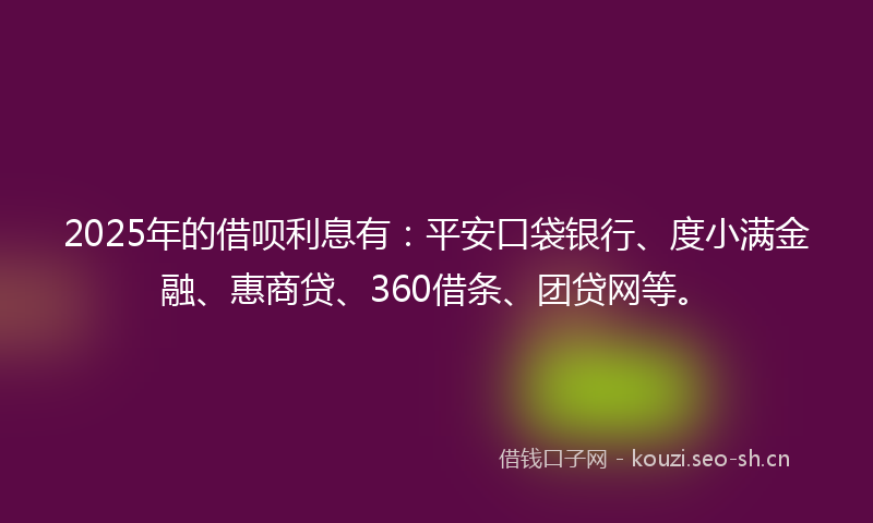 2025年的借呗利息有：平安口袋银行、度小满金融、惠商贷、360借条、团贷网等。
