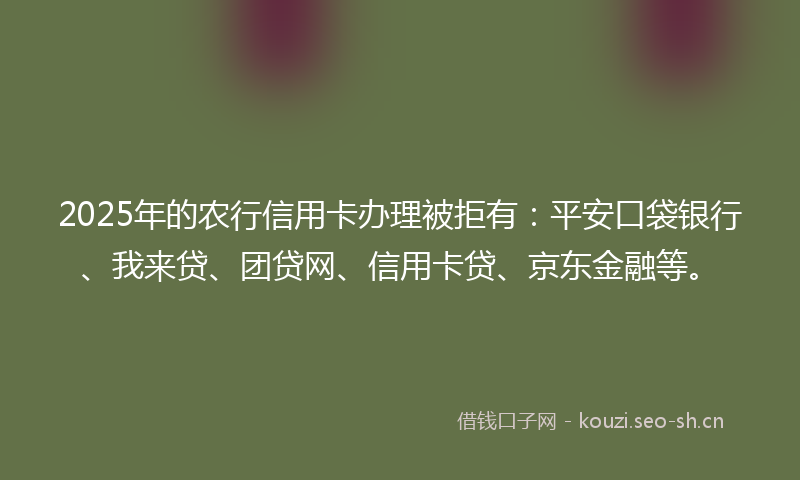 2025年的农行信用卡办理被拒有:平安口袋银行、我来贷、团贷网、信用卡贷、京东金融等。