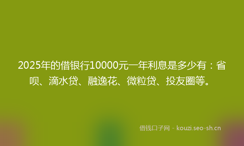2025年的借银行10000元一年利息是多少有:省呗、滴水贷、融逸花、微粒贷、投友圈等。