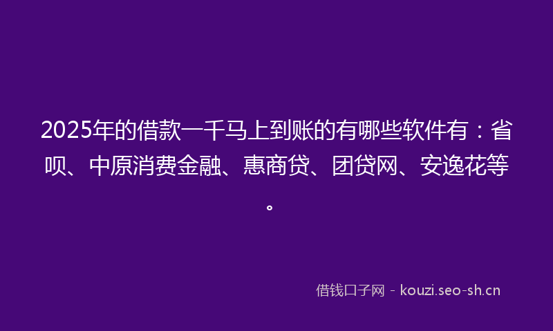 2025年的借款一千马上到账的有哪些软件有：省呗、中原消费金融、惠商贷、团贷网、安逸花等。