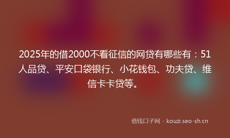 2025年的借2000不看征信的网贷有哪些有：51人品贷、平安口袋银行、小花钱包、功夫贷、维信卡卡贷等。