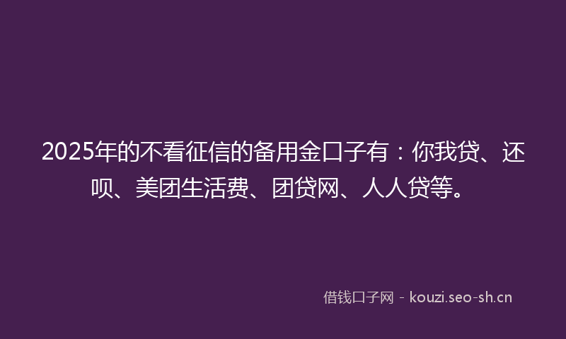 2025年的不看征信的备用金口子有:你我贷、还呗、美团生活费、团贷网、人人贷等。