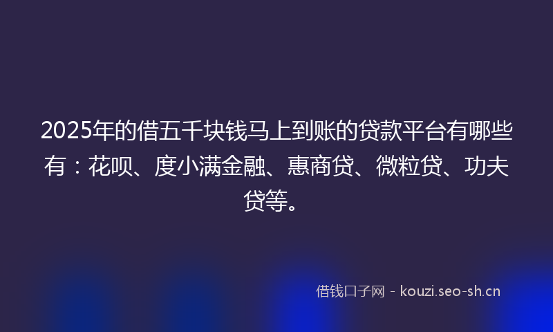 2025年的借五千块钱马上到账的贷款平台有哪些有:花呗、度小满金融、惠商贷、微粒贷、功夫贷等。