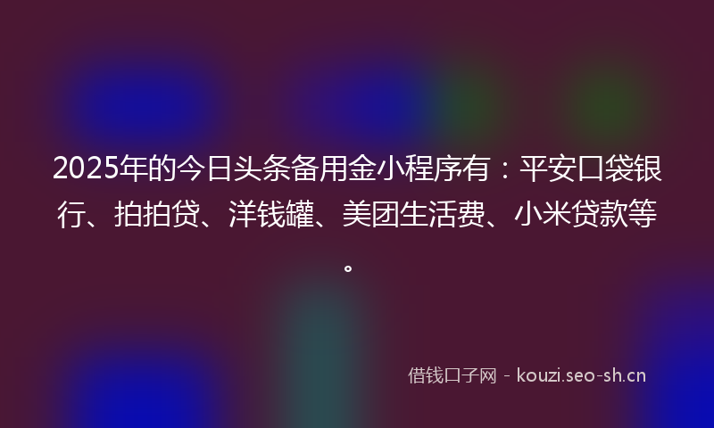 2025年的今日头条备用金小程序有：平安口袋银行、拍拍贷、洋钱罐、美团生活费、小米贷款等。