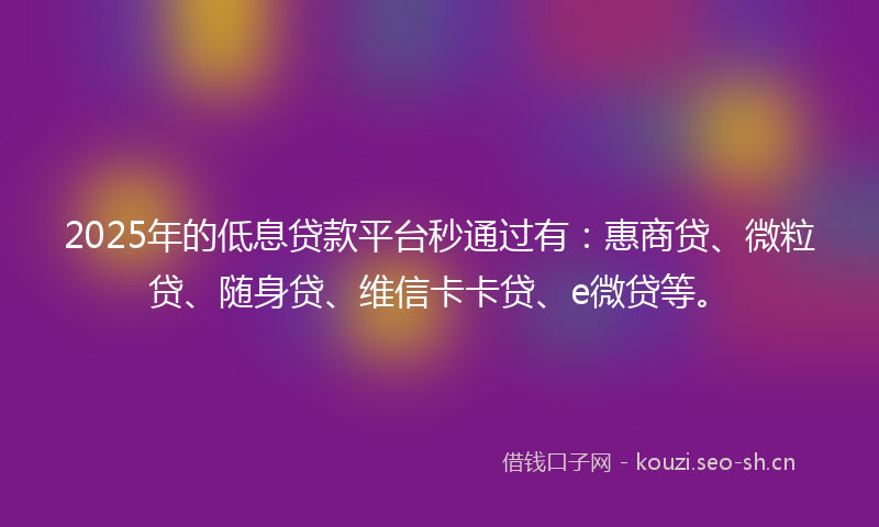 2025年的低息贷款平台秒通过有:惠商贷、微粒贷、随身贷、维信卡卡贷、e微贷等。