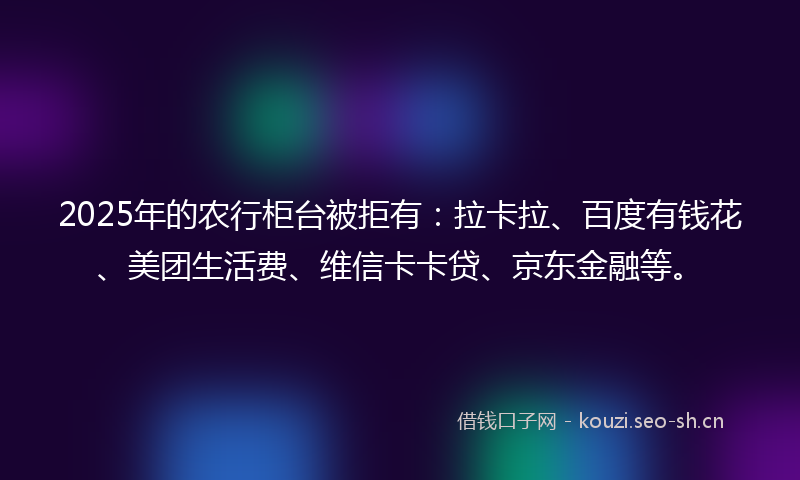 2025年的农行柜台被拒有：拉卡拉、百度有钱花、美团生活费、维信卡卡贷、京东金融等。