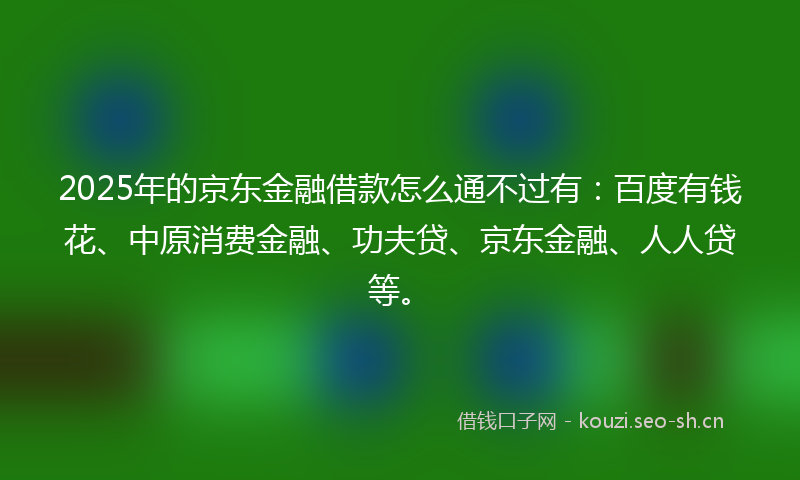 2025年的京东金融借款怎么通不过有:百度有钱花、中原消费金融、功夫贷、京东金融、人人贷等。