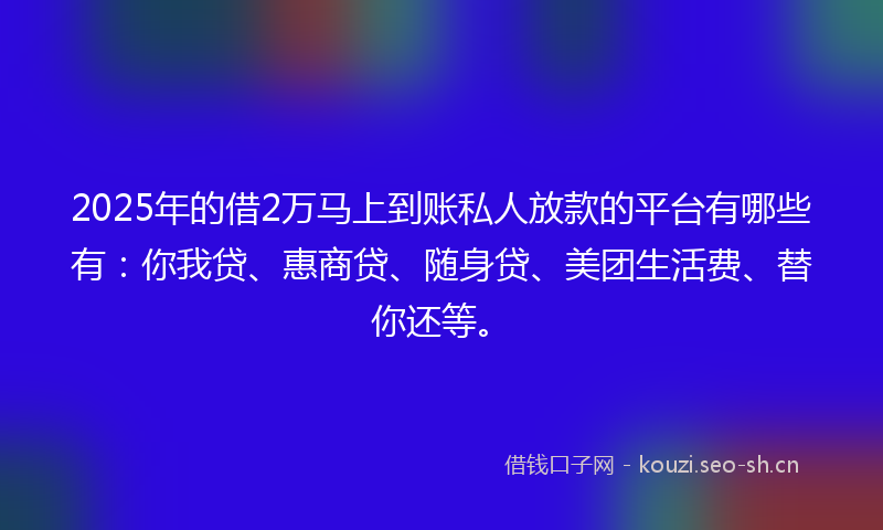 2025年的借2万马上到账私人放款的平台有哪些有：你我贷、惠商贷、随身贷、美团生活费、替你还等。