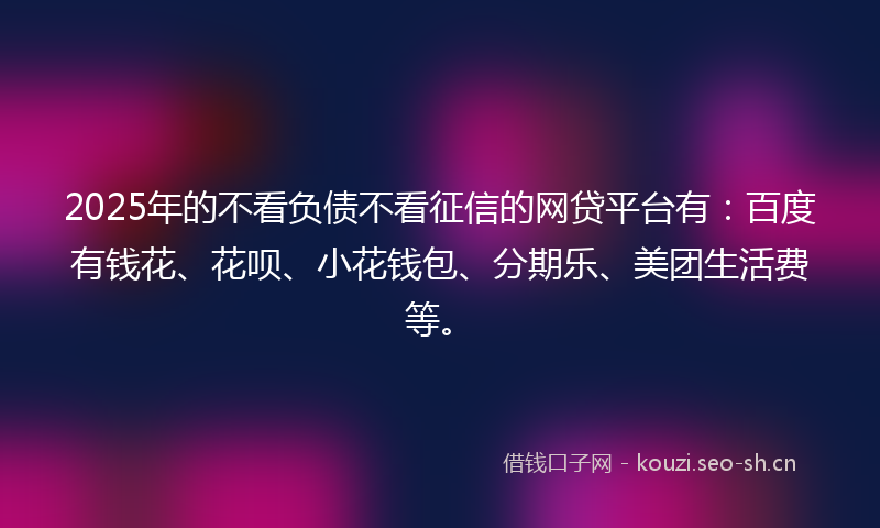 2025年的不看负债不看征信的网贷平台有：百度有钱花、花呗、小花钱包、分期乐、美团生活费等。