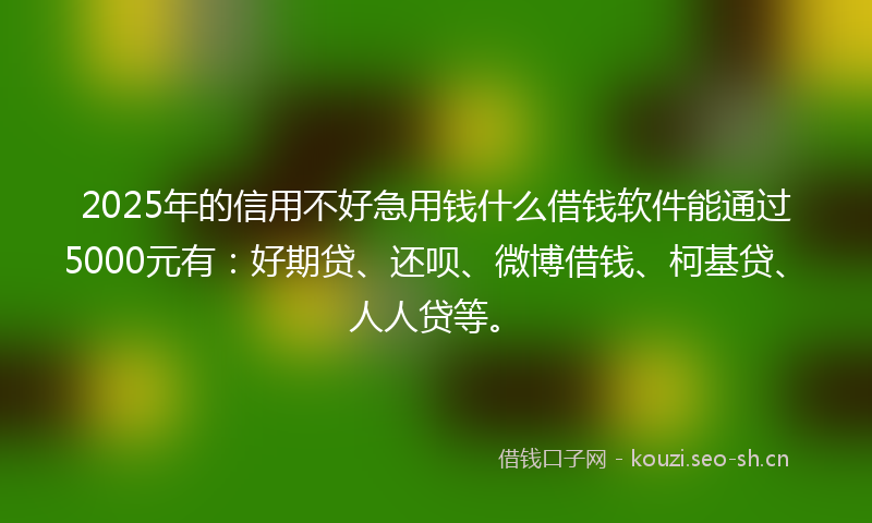 2025年的信用不好急用钱什么借钱软件能通过5000元有：好期贷、还呗、微博借钱、柯基贷、人人贷等。
