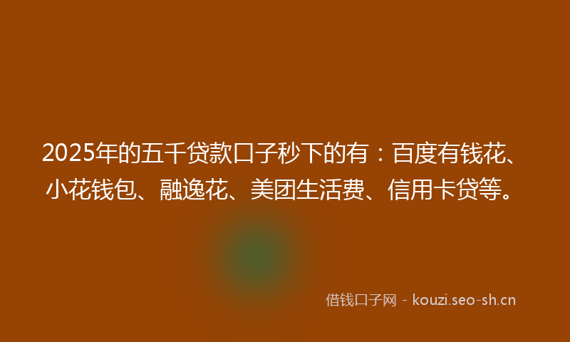 2025年的五千贷款口子秒下的有：百度有钱花、小花钱包、融逸花、美团生活费、信用卡贷等。