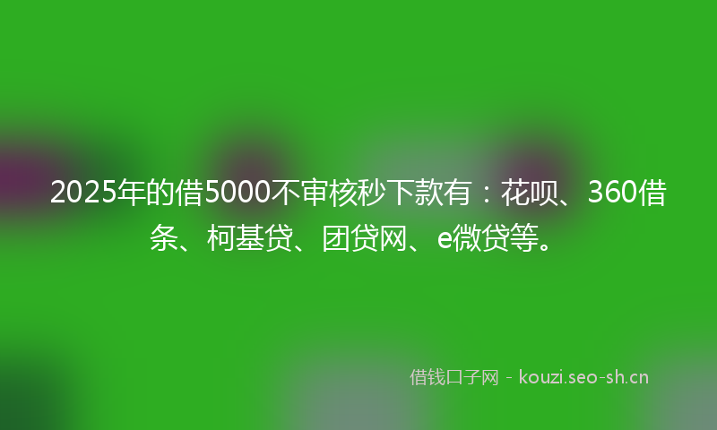 2025年的借5000不审核秒下款有：花呗、360借条、柯基贷、团贷网、e微贷等。