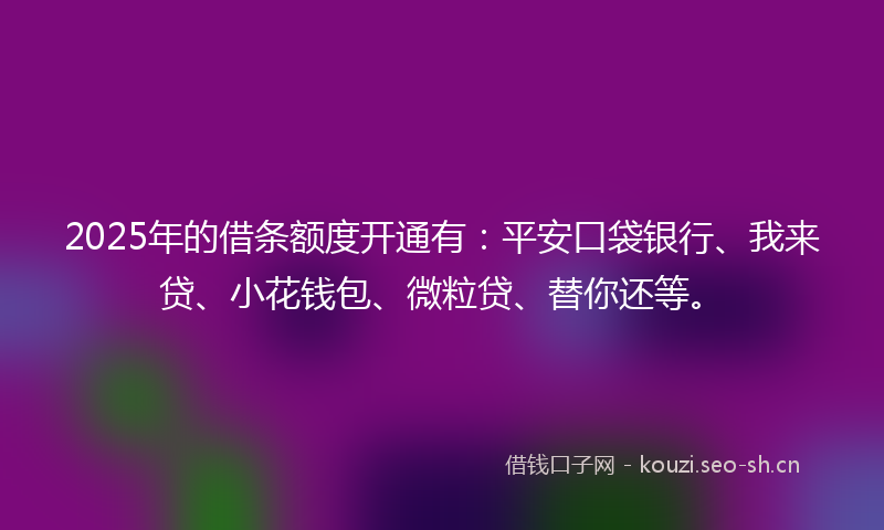 2025年的借条额度开通有：平安口袋银行、我来贷、小花钱包、微粒贷、替你还等。