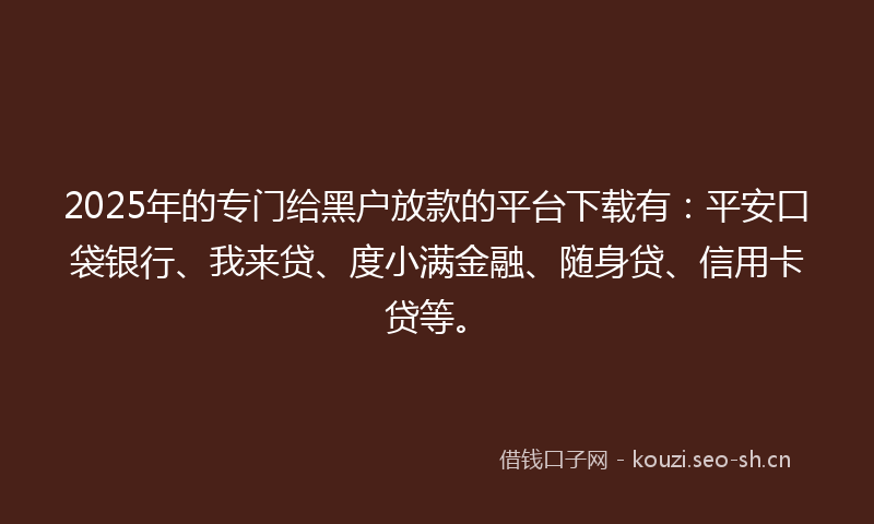2025年的专门给黑户放款的平台下载有：平安口袋银行、我来贷、度小满金融、随身贷、信用卡贷等。