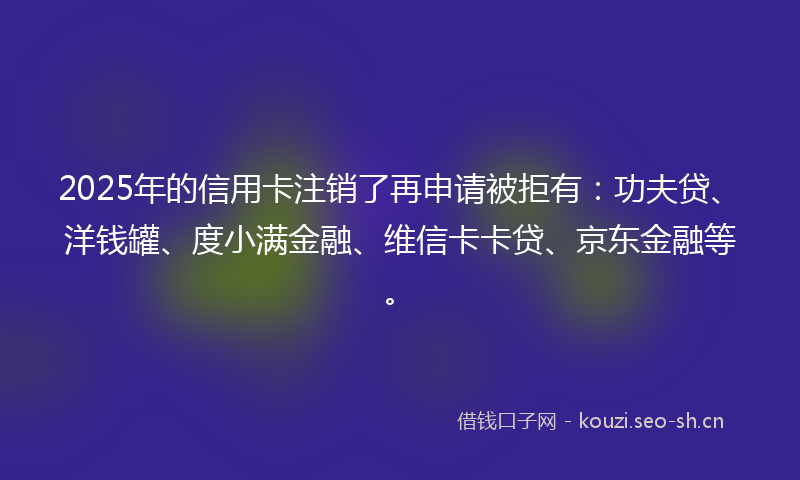 2025年的信用卡注销了再申请被拒有：功夫贷、洋钱罐、度小满金融、维信卡卡贷、京东金融等。