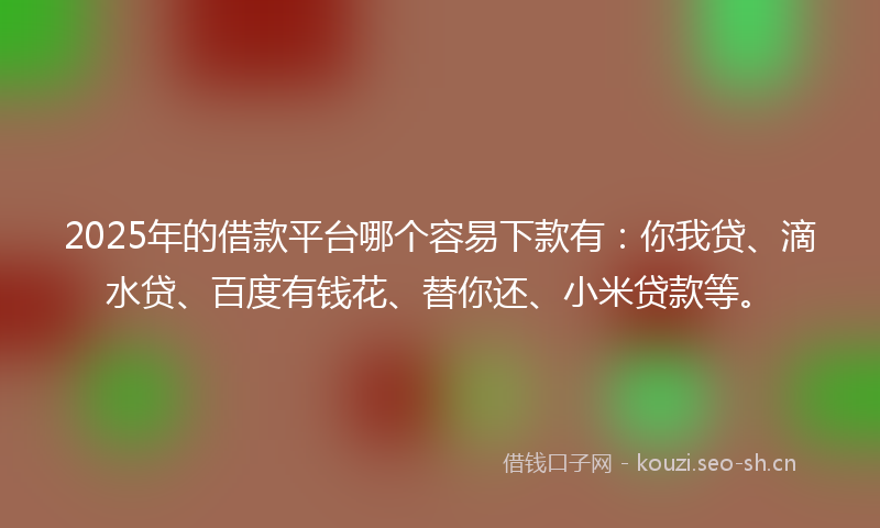 2025年的借款平台哪个容易下款有：你我贷、滴水贷、百度有钱花、替你还、小米贷款等。