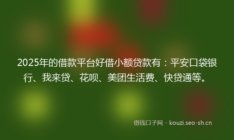 2025年的借款平台好借小额贷款有:平安口袋银行、我来贷、花呗、美团生活费、快贷通等。