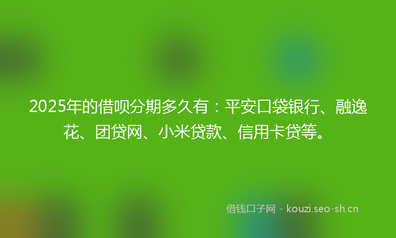 2025年的借呗分期多久有：平安口袋银行、融逸花、团贷网、小米贷款、信用卡贷等。