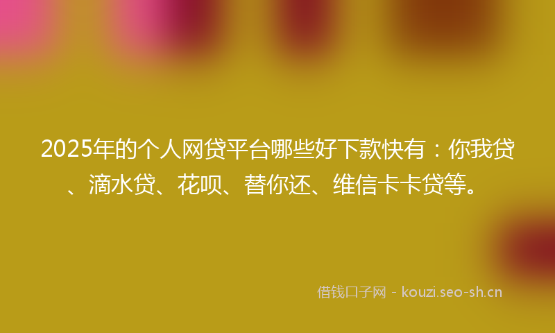 2025年的个人网贷平台哪些好下款快有：你我贷、滴水贷、花呗、替你还、维信卡卡贷等。