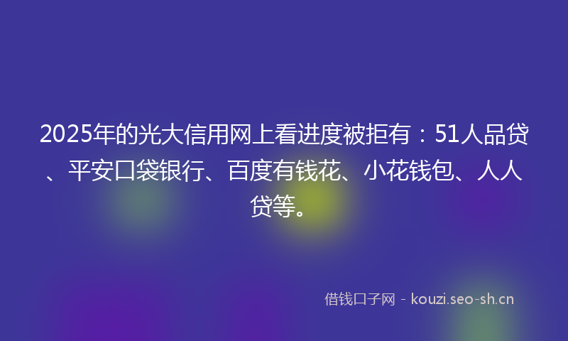 2025年的光大信用网上看进度被拒有：51人品贷、平安口袋银行、百度有钱花、小花钱包、人人贷等。
