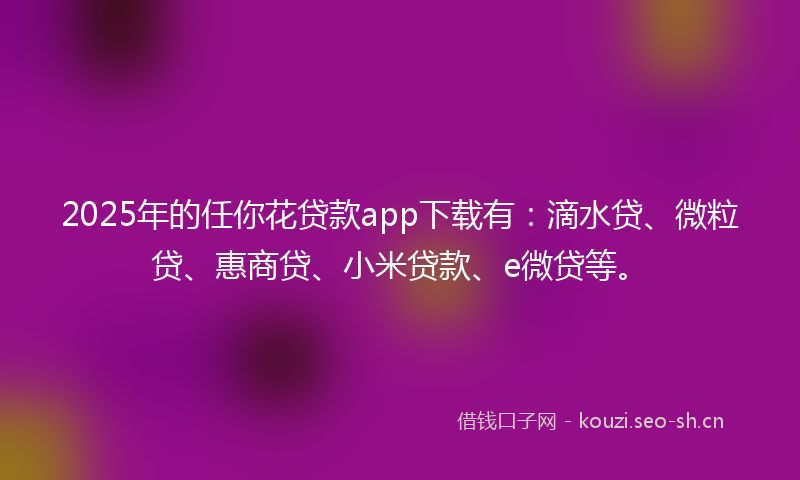 2025年的任你花贷款app下载有：滴水贷、微粒贷、惠商贷、小米贷款、e微贷等。