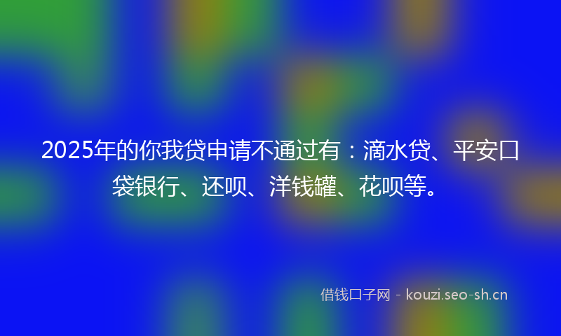 2025年的你我贷申请不通过有:滴水贷、平安口袋银行、还呗、洋钱罐、花呗等。