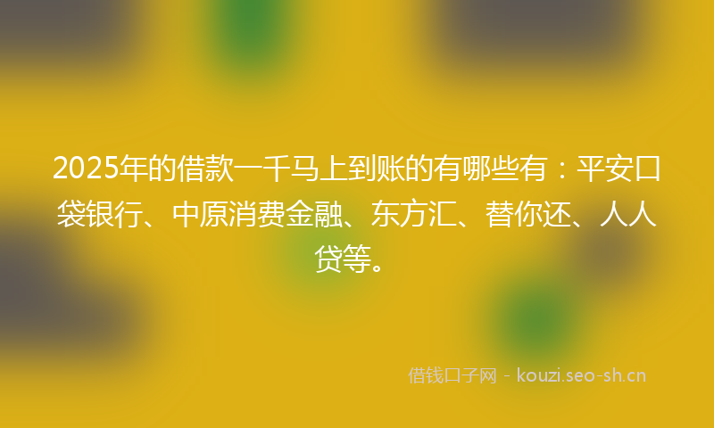 2025年的借款一千马上到账的有哪些有：平安口袋银行、中原消费金融、东方汇、替你还、人人贷等。