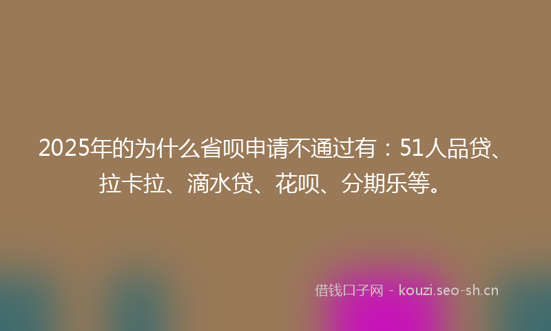 2025年的为什么省呗申请不通过有：51人品贷、拉卡拉、滴水贷、花呗、分期乐等。