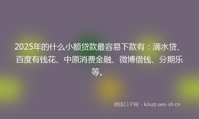 2025年的什么小额贷款最容易下款有：滴水贷、百度有钱花、中原消费金融、微博借钱、分期乐等。