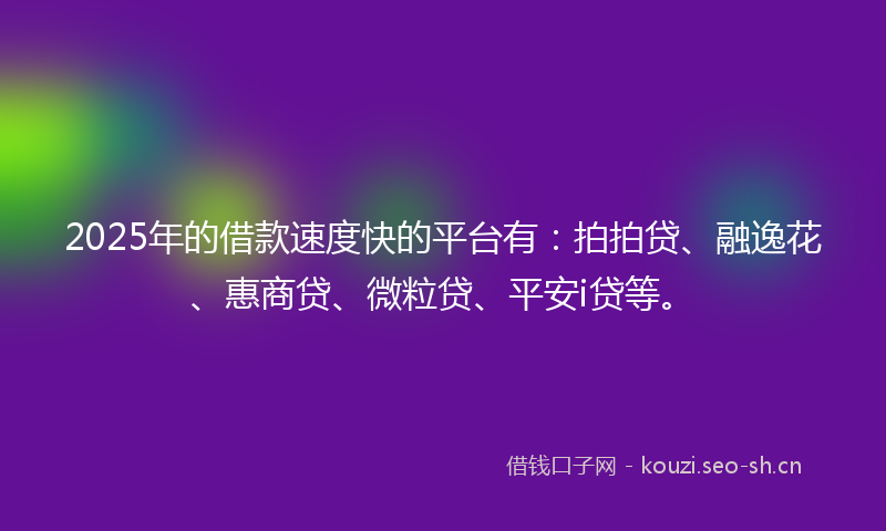 2025年的借款速度快的平台有：拍拍贷、融逸花、惠商贷、微粒贷、平安i贷等。