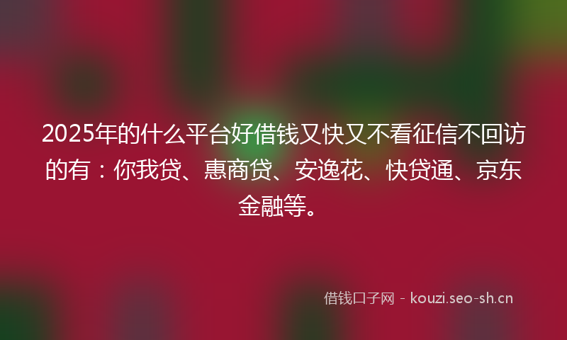 2025年的什么平台好借钱又快又不看征信不回访的有：你我贷、惠商贷、安逸花、快贷通、京东金融等。