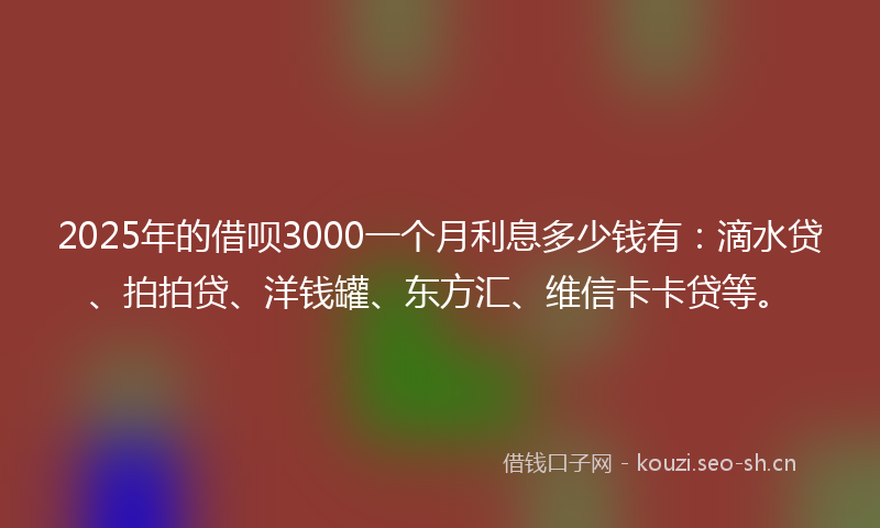 2025年的借呗3000一个月利息多少钱有：滴水贷、拍拍贷、洋钱罐、东方汇、维信卡卡贷等。