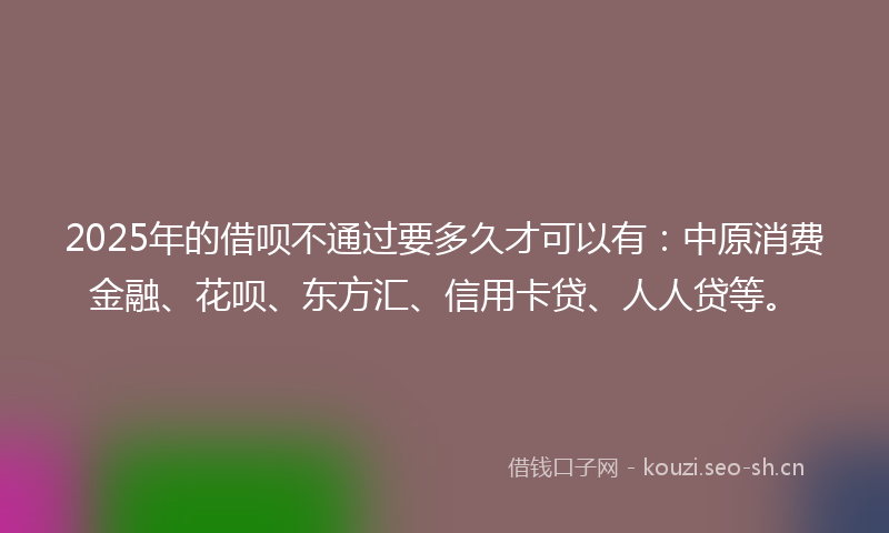 2025年的借呗不通过要多久才可以有：中原消费金融、花呗、东方汇、信用卡贷、人人贷等。