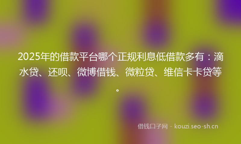 2025年的借款平台哪个正规利息低借款多有：滴水贷、还呗、微博借钱、微粒贷、维信卡卡贷等。