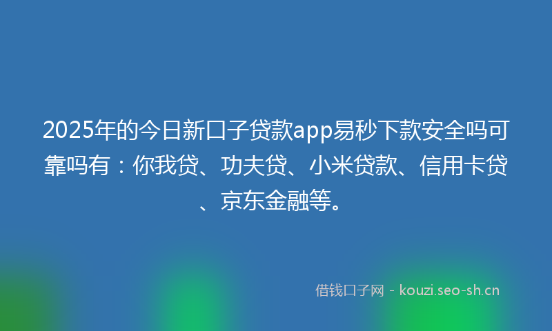 2025年的今日新口子贷款app易秒下款安全吗可靠吗有：你我贷、功夫贷、小米贷款、信用卡贷、京东金融等。