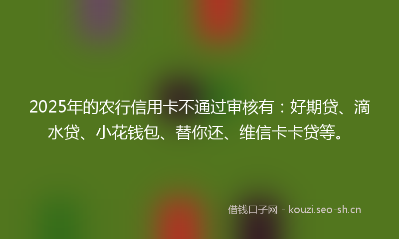 2025年的农行信用卡不通过审核有：好期贷、滴水贷、小花钱包、替你还、维信卡卡贷等。
