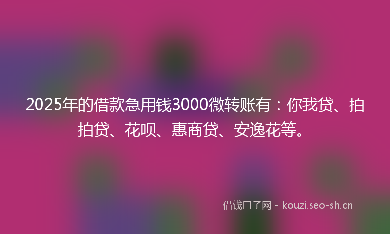 2025年的借款急用钱3000微转账有：你我贷、拍拍贷、花呗、惠商贷、安逸花等。