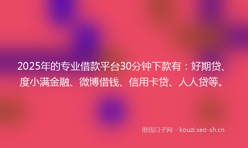 2025年的专业借款平台30分钟下款有：好期贷、度小满金融、微博借钱、信用卡贷、人人贷等。