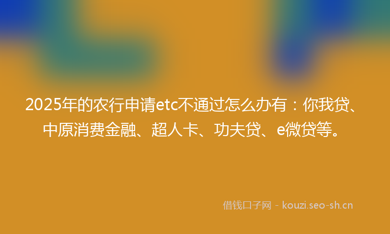 2025年的农行申请etc不通过怎么办有：你我贷、中原消费金融、超人卡、功夫贷、e微贷等。