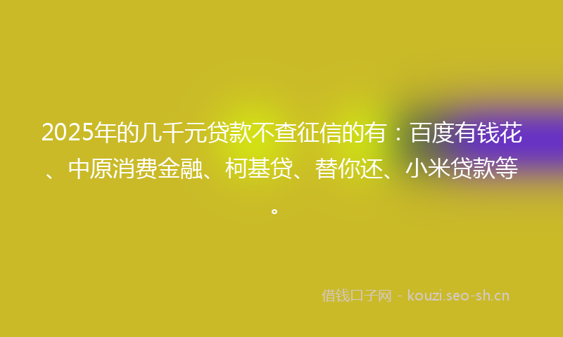 2025年的几千元贷款不查征信的有:百度有钱花、中原消费金融、柯基贷、替你还、小米贷款等。