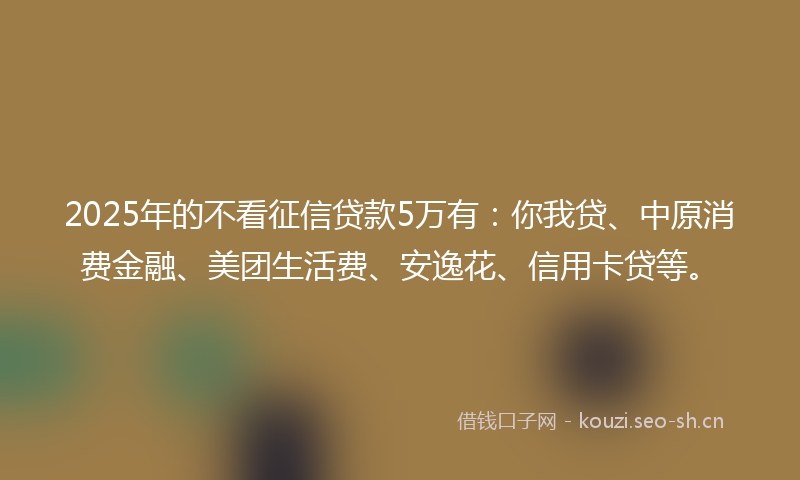 2025年的不看征信贷款5万有：你我贷、中原消费金融、美团生活费、安逸花、信用卡贷等。