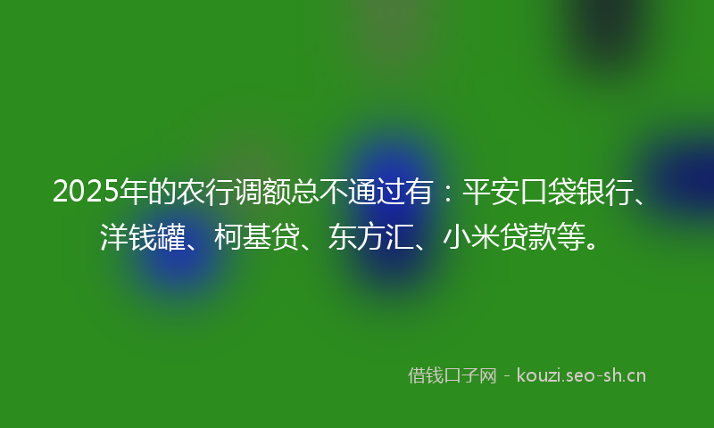 2025年的农行调额总不通过有：平安口袋银行、洋钱罐、柯基贷、东方汇、小米贷款等。