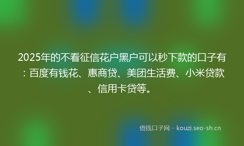 2025年的不看征信花户黑户可以秒下款的口子有:百度有钱花、惠商贷、美团生活费、小米贷款、信用卡贷等。