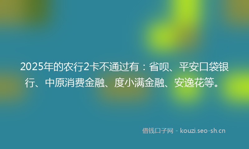 2025年的农行2卡不通过有:省呗、平安口袋银行、中原消费金融、度小满金融、安逸花等。