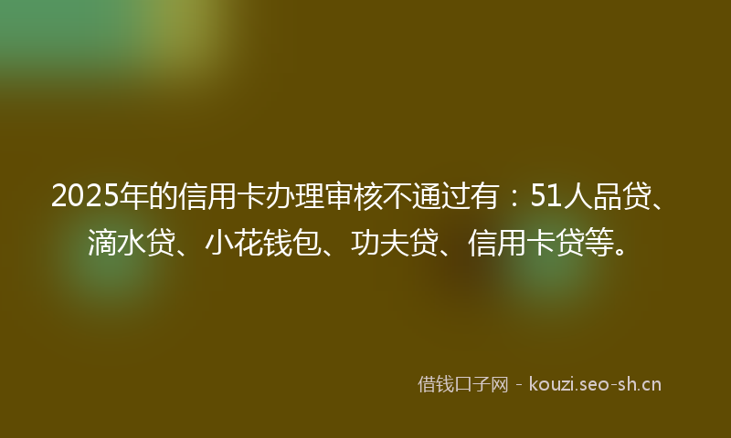 2025年的信用卡办理审核不通过有：51人品贷、滴水贷、小花钱包、功夫贷、信用卡贷等。