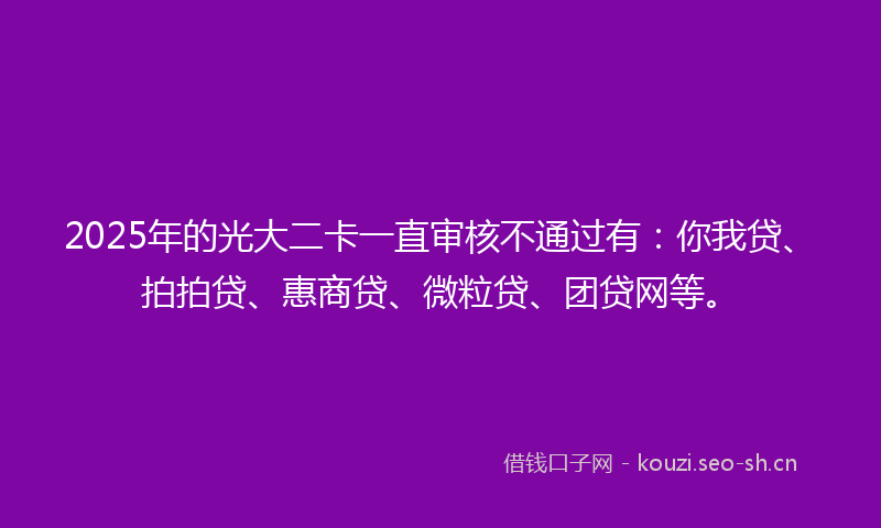 2025年的光大二卡一直审核不通过有：你我贷、拍拍贷、惠商贷、微粒贷、团贷网等。
